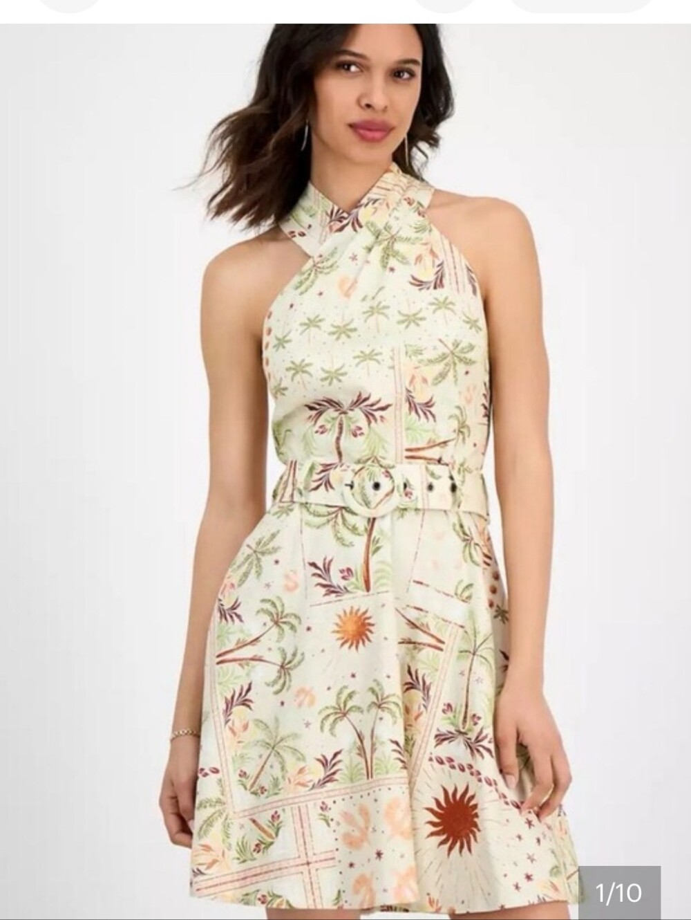 NWT Rachel Roy Palm Print Halter Midi Dress Size 10 Tropical Resort Linen Look